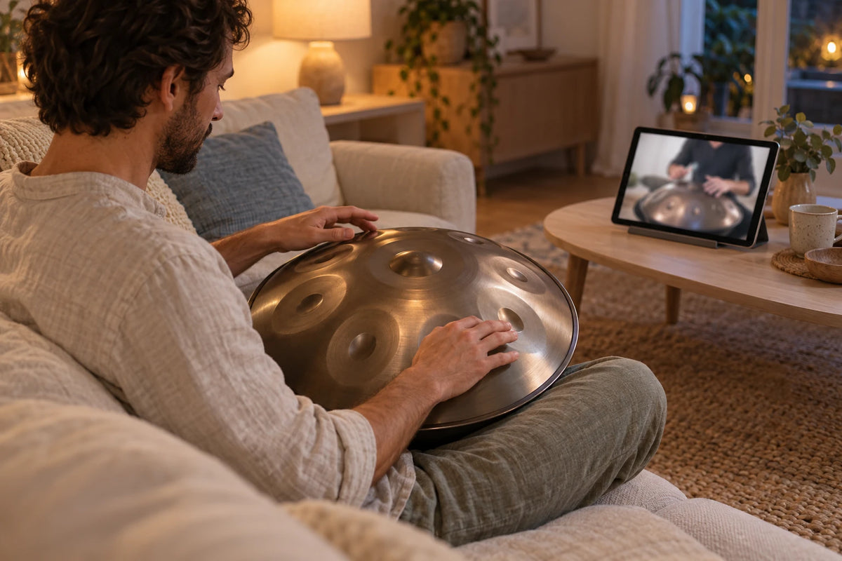 Personne apprenant le handpan chez elle en suivant une leçon vidéo sur tablette