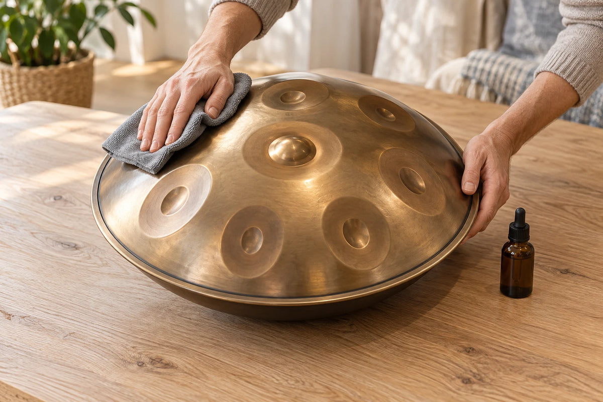 Nettoyage d'un handpan avec un chiffon microfibre et une huile de protection