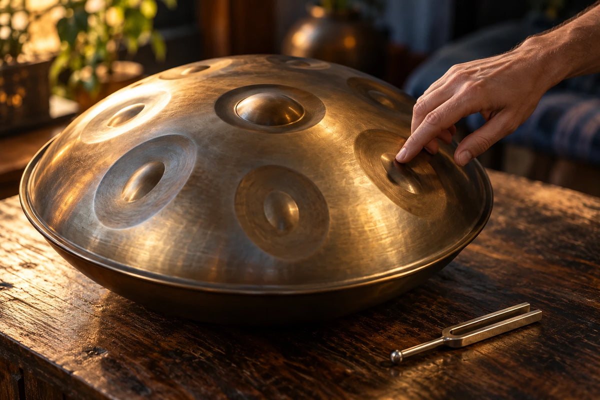 Diapason posé à côté d'un handpan pour illustrer l'accordage 432 Hz ou 440 Hz
