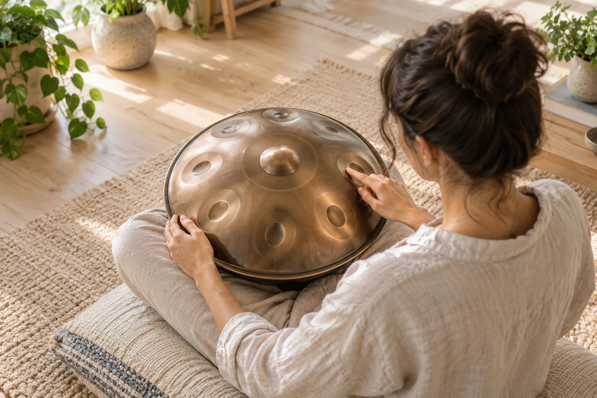 Débutant jouant ses premières notes sur un handpan posé sur ses genoux Bild