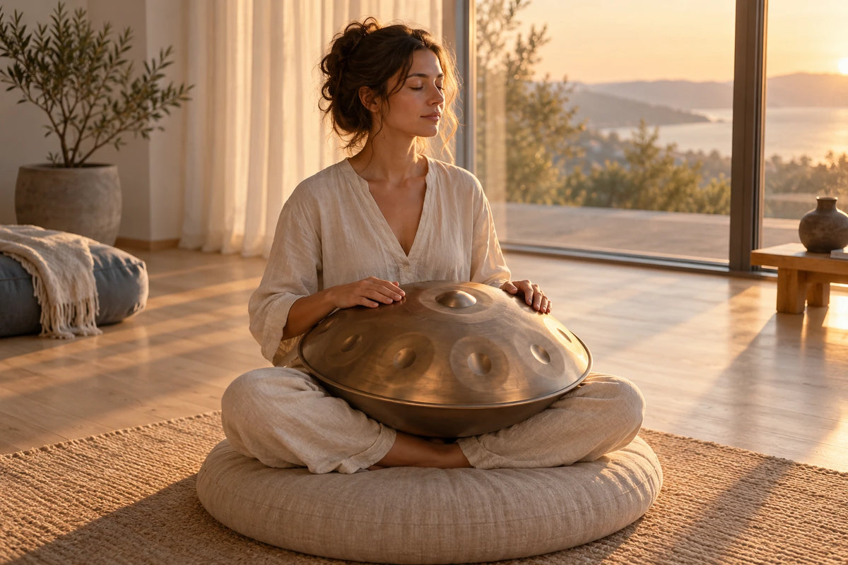 Personne en méditation, les mains posées sur un handpan, à la lumière du soir