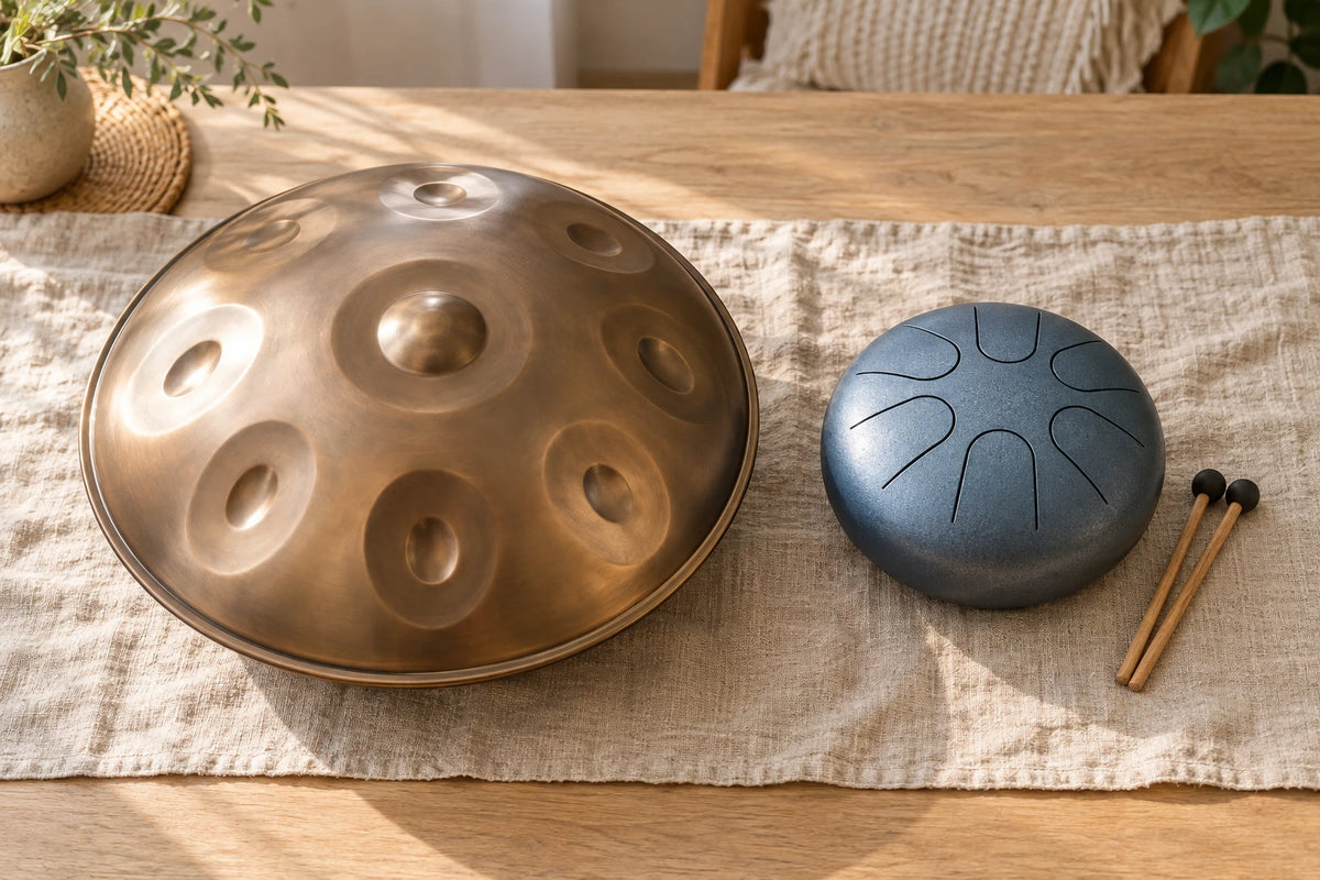 Un handpan et un tongue drum posés côte à côte pour les comparer