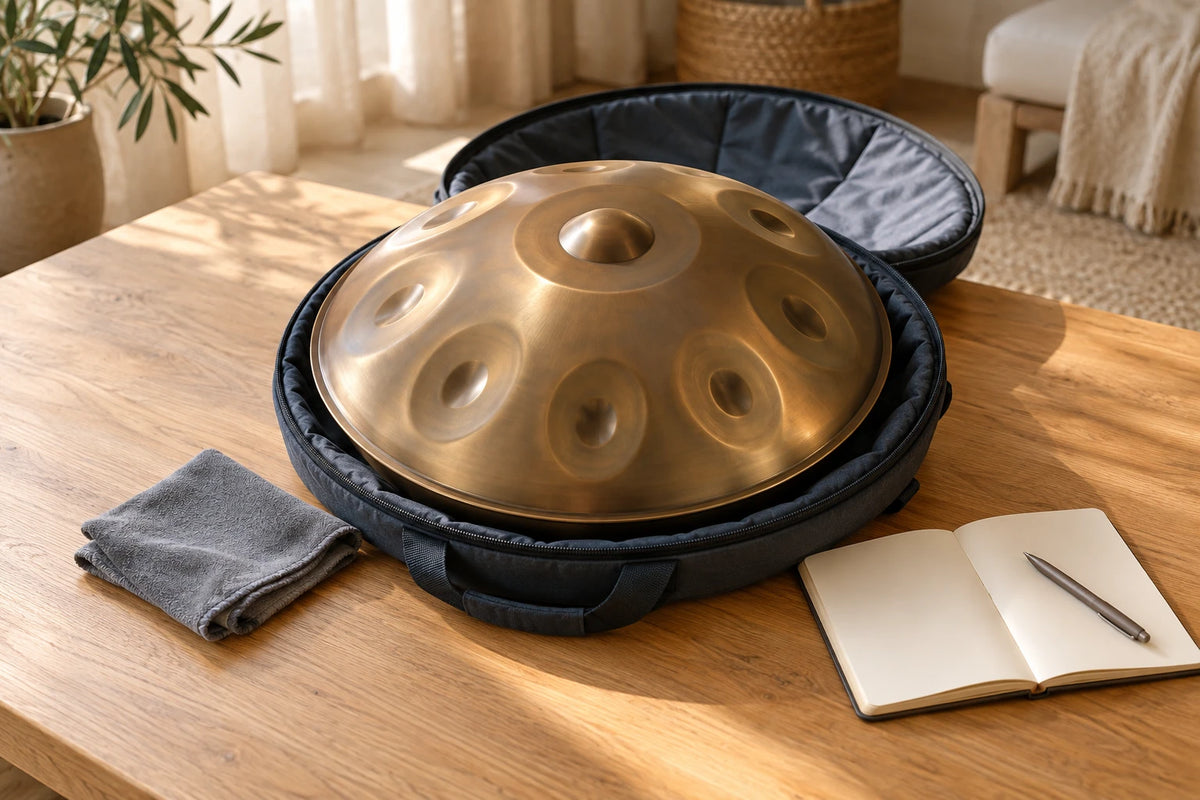 Handpan posé sur sa housse à côté d'un carnet pour préparer son budget Bild